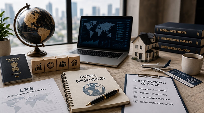 Cross-border investment paperwork and a laptop on a desk.