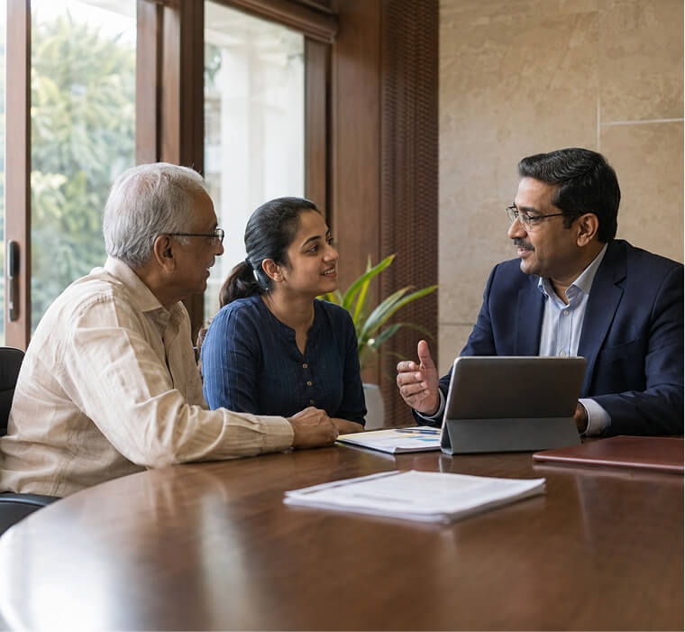 An Artham adviser in conversation with a family at the office.