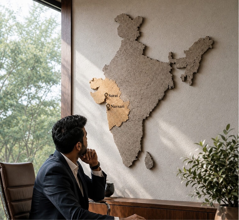 A relief map of Gujarat marking the Surat and Navsari offices.