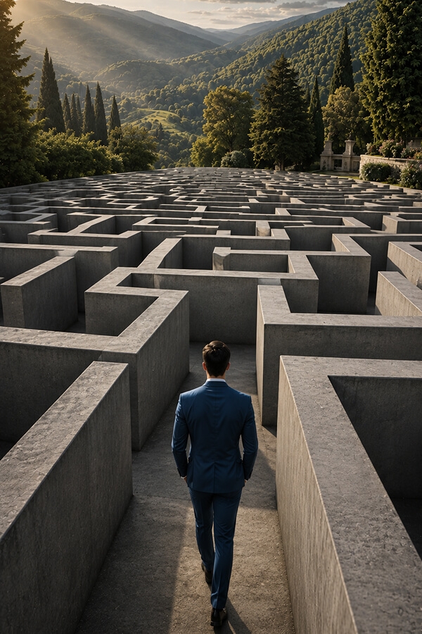 A business owner walking through a maze of concrete walls, representing the complexity of coordinating personal and business wealth.
