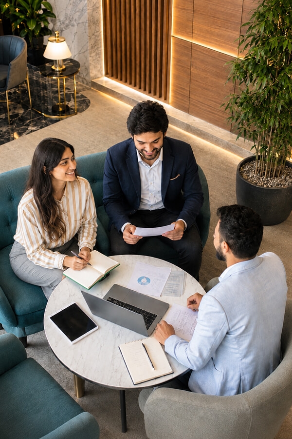 An advisory team meeting with clients in a modern office lounge.